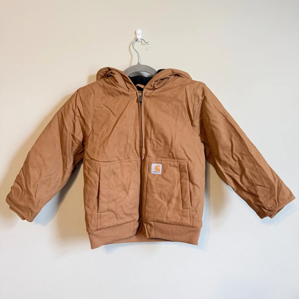 Carhartt Kids Brown Canvas Hooded Active Jacket Quilted Lining Small
